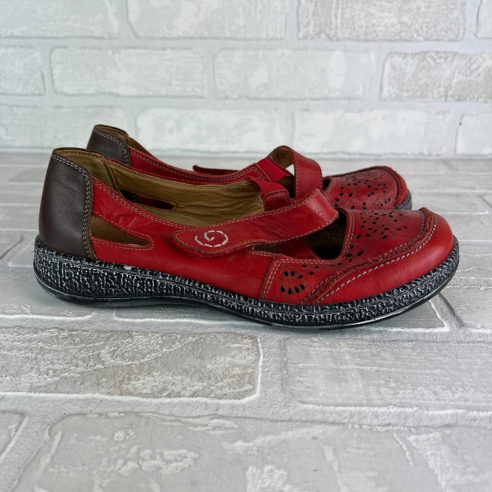 SPRING STEP Womens 40 9 Red Leather Strappy Flats Artsy Boho Cut-Out Comfort